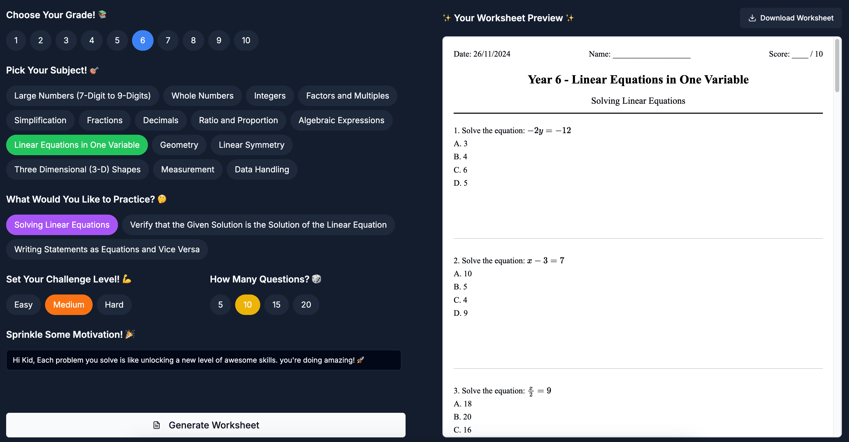 Worksheet Generator Interface